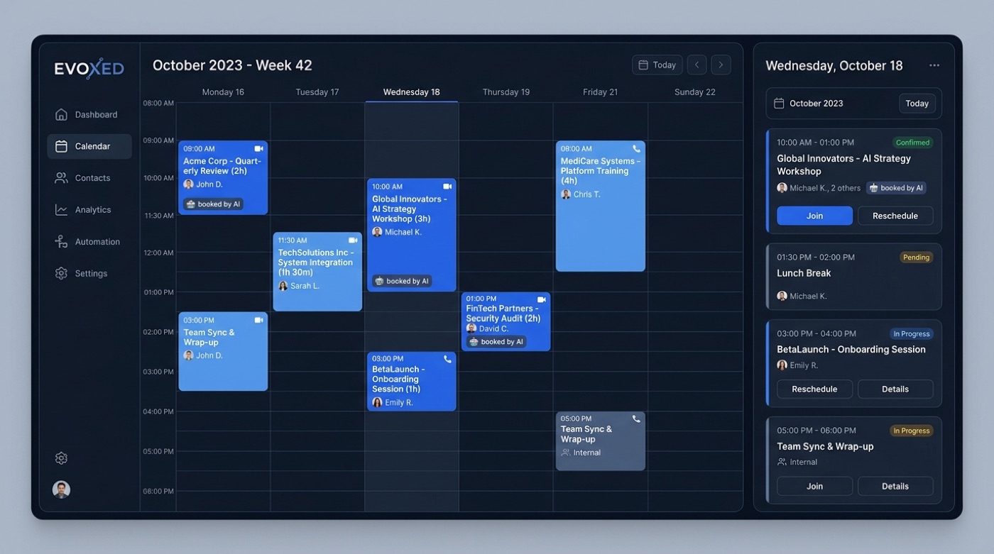 EVOXED weekly calendar filled with appointments booked by the AI