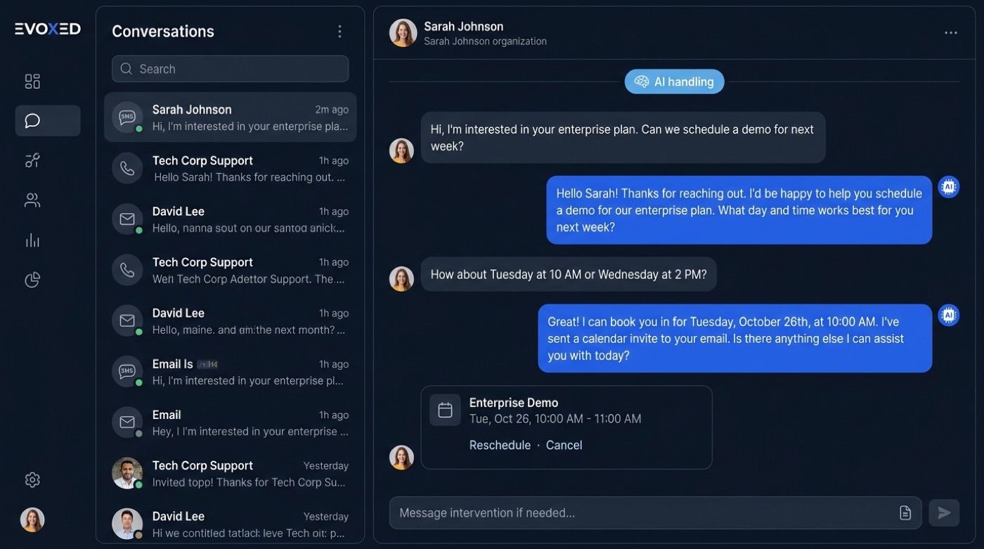 EVOXED unified inbox where the AI answers a customer and books the visit